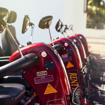 Electric scooters for disabled people for rent. Close up.
